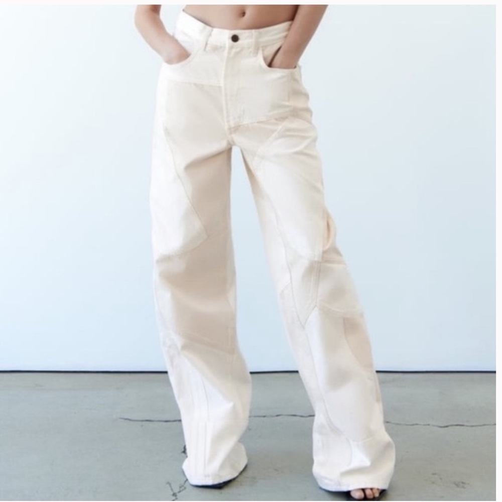 Zara woman’s Patchwork Wide-Leg Pants in Cream and White